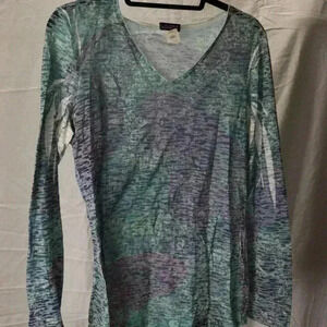 Upload Long Sleeve Top Womens L‎ Teal Purple Excellent Burnout V-Neck Abstract